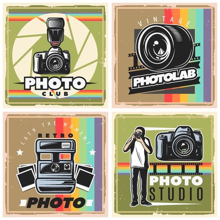 Colorful composition of four posters for photo studio app with stylized images cameras illustrationのイラスト素材