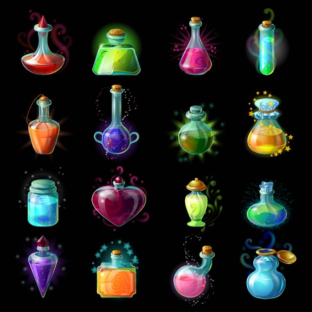 Sixteen isolated colorful magic bottle jars set with liquid potions for transformations on black background vector illustrationのイラスト素材