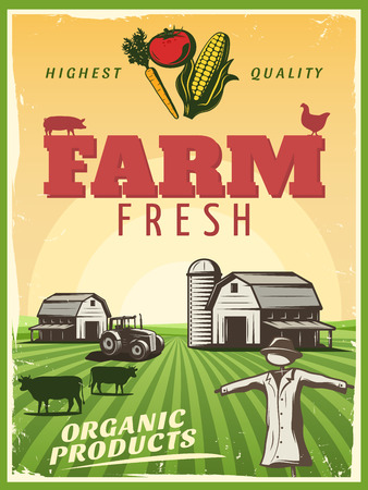 Fresh organic products retro poster with highest quality background stylized ranch farm and strawman symbols vector illustrationのイラスト素材