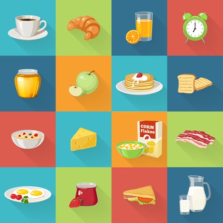 Sixteen isolated square breakfast decorative food icons with meal symbols on different background colour with shadows illustrationのイラスト素材