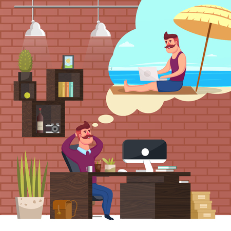 Colorful conceptual composition with hipster employee in office interior dreaming to work freelance in thought bubble illustrationのイラスト素材