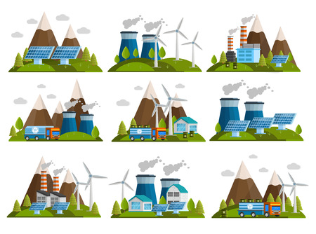 Set of nine isolated ecology decorative icons with orthogonal images of outdoor scenery with power plants illustrationのイラスト素材