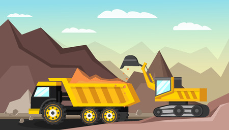 Orthogonal composition with mining industry and quarrying vehicles in open pit scenery with sky and mountains illustrationのイラスト素材