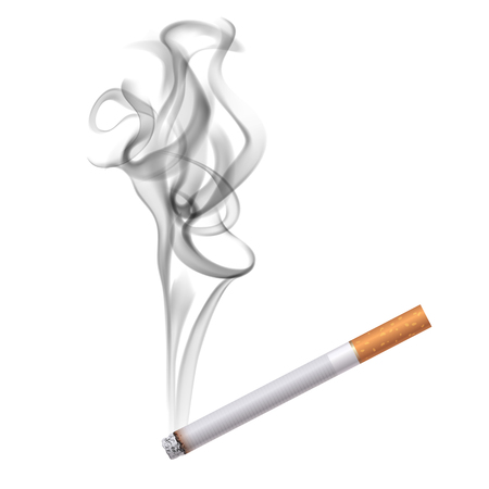 Realistic burning cigarette in classic paper image with half transparent blurry dark smoke on blank background illustrationのイラスト素材