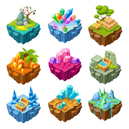 Set of isometric gaming islands with mineral stones and treasure chests trees and rivers isolated illustrationのイラスト素材