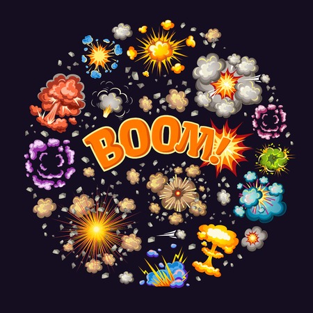 Explosions effects round design with rays clouds of smoke lightnings on black background comic style illustrationのイラスト素材