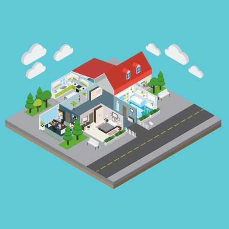 Isometric house interior view with red roof and without with isolated rooms illustrationのイラスト素材
