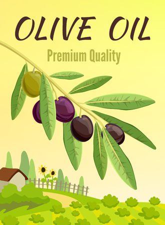 Olive colored poster with flat elements and olive branch in the foreground illustrationのイラスト素材