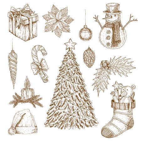 Set of isolated hand drawn monochrome christmas elements with year tree snowman gift box baubles illustrationのイラスト素材