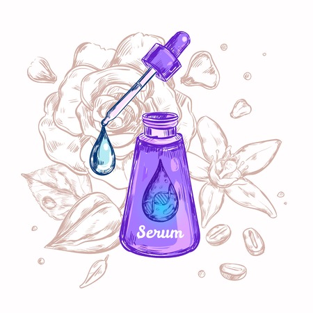 Serum label composition with sketch image of cream packaging with capped pipette and water drop illustrationのイラスト素材
