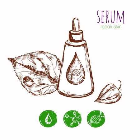 Serum cream skin repair concept with sketch images of package leaves detailed drop and molecule icons illustrationのイラスト素材