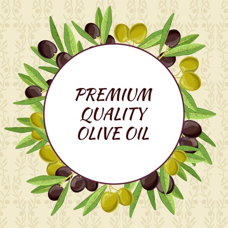 Colored olive wrench composition with big round and headline premium quality olive oil inside illustrationのイラスト素材