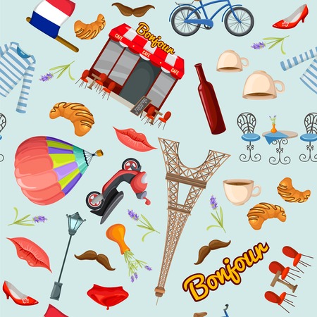 Paris colored seamless pattern with isolated signs and words about capital of France illustrationのイラスト素材