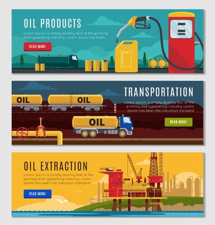 Petroleum industry horizontal banners set with oil products transportation and extractive equipment isolated illustrationのイラスト素材