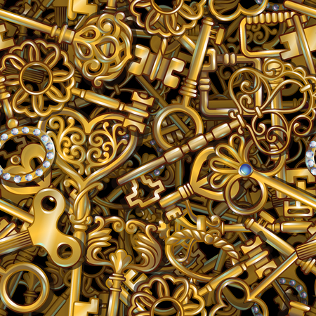 Cartoon style pattern with golden retro old style door keys with decoration and diamonds illustrationのイラスト素材