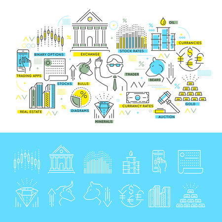 Stock exchange linear concept with trading composition and set of monochrome icons isolated illustrationのイラスト素材