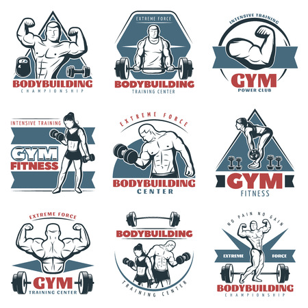 Colored body building emblem set with extreme force gym training center bodybuilding championship descriptions vector illustrationのイラスト素材
