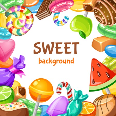 Colored sweet candy background with different types of desserts candies and lollypops illustrationのイラスト素材