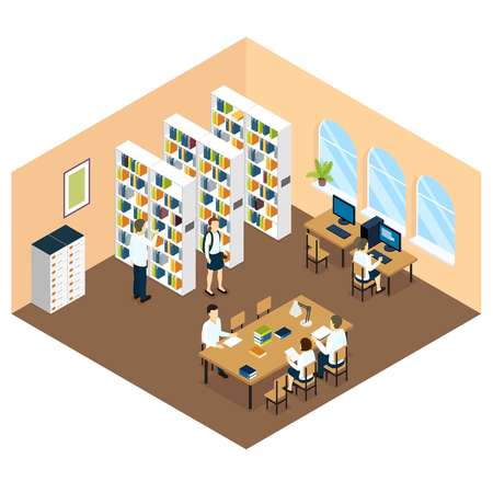 Student library isometric design with children bookcases and computers in beige room with arcged windows illustrationのイラスト素材