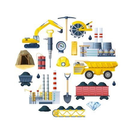 Round composition with mining industry isolated icons and decorative symbols of tools and technics flat illustrationのイラスト素材