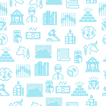 Stock exchange seamless linear pattern with bulls and bears minerals and gold auction and diagrams illustrationのイラスト素材