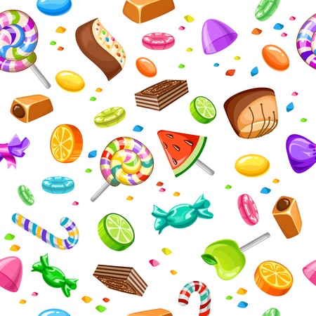 Sweet candy seamless background pattern with isolated flying lollypops candies and sweets illustrationのイラスト素材
