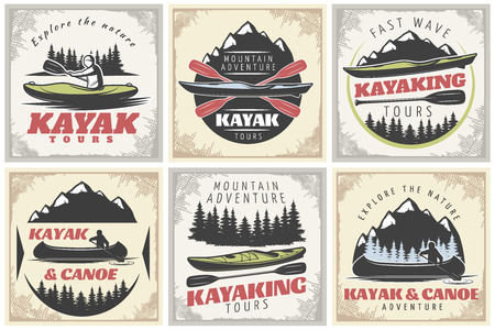 Set of six kanoe and kayak square labels with forest mountain adventure symbols silhouettes and captions illustrationのイラスト素材