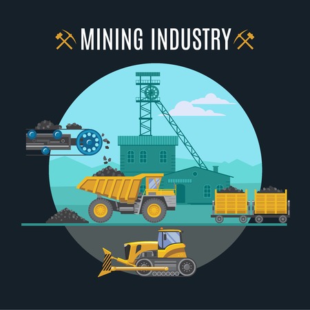 Mining industry icons round composition with flat symbols of mining technics buildings and editable title text illustrationのイラスト素材