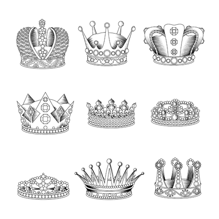 Black and white realistic isolated crown sketch icon set for men and women illustrationのイラスト素材
