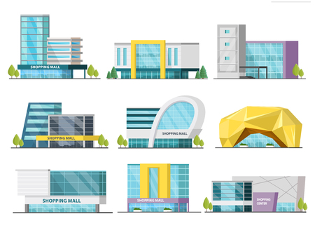 Set of isolated shopping mall buildings of various design with signboards and trees orthogonal illustrationのイラスト素材