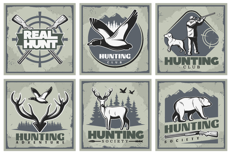 Six square hunting posters set with retro style images of wild nature fauna hunter fowling piece illustrationのイラスト素材