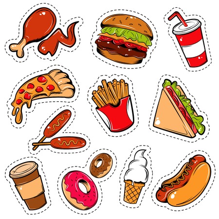 Isolated colored in cartoon style fast food icon set outlined with a dotted lines illustrationのイラスト素材