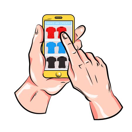 Colored fashion online order composition with mans hand tap on smartphone screen illustrationのイラスト素材