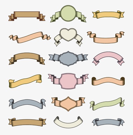 Colorful banners set retro style with eighteen isolated ribbons of various shape with place for text illustrationのイラスト素材