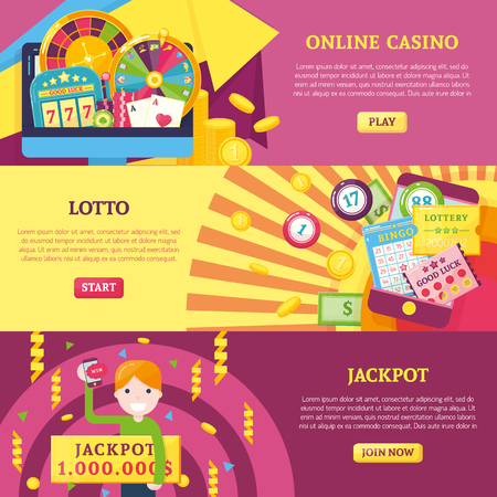 Set of three lottery horizontal banners with decorative casino poker compositions characters and read more buttons illustrationのイラスト素材