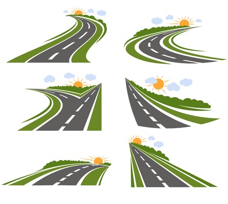 Roads and landscape set with cartoon style road and scenery with trees sun and clouds illustrationのイラスト素材