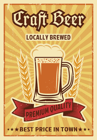 Beer colored poster with mug of beer and red ribbon premium quality illustrationのイラスト素材