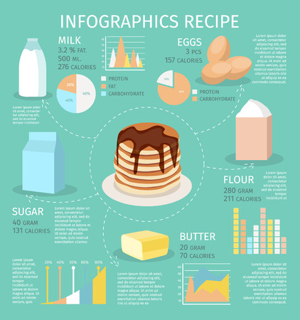 Colored meal tower infographic with charts diagrams and mass of pancakes recipe illustrationのイラスト素材