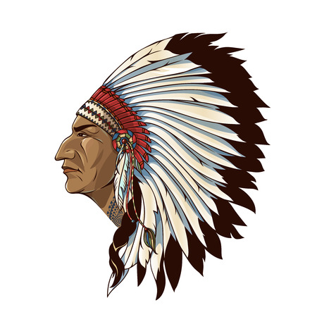 Single american indian in profile with tribal headdress of feathers on white background isolated illustrationのイラスト素材