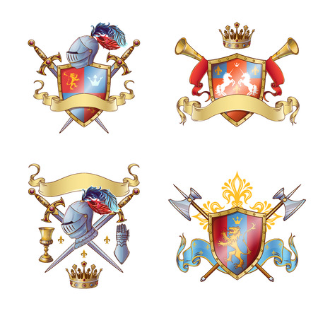 Knight colorful emblems with shields ribbons cross edged weapon armour flower crown animals isolated illustrationのイラスト素材