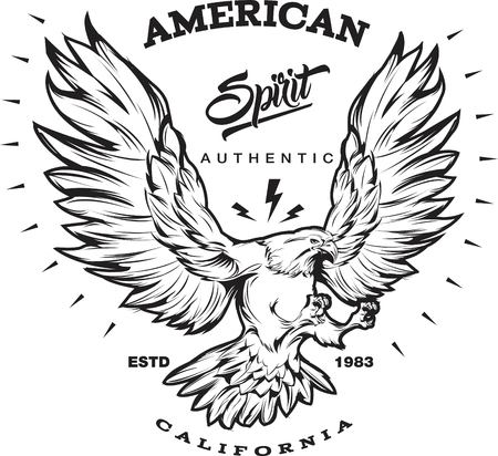 American spirit monochrome emblem with portrait of eagle during flight or landing lightning sign rays illustrationのイラスト素材