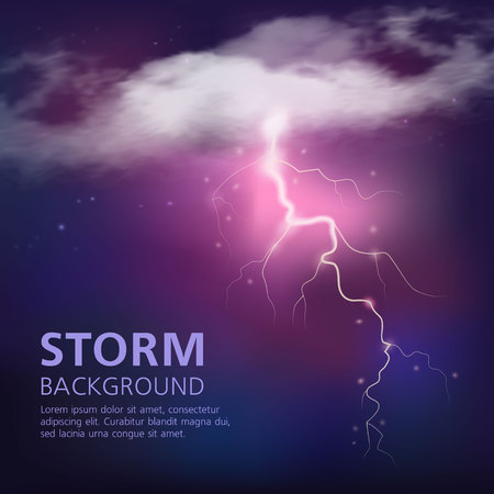 Electric discharge in sky background with lightning from half transparent clouds on purple blue color illustration