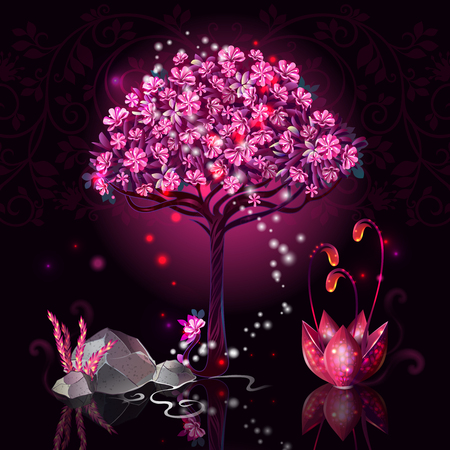 Cartoon tree composition with abstract pink three with beautiful flowers and stones on the floor illustrationのイラスト素材