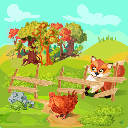 Cartoon farm animals composition with wooden countryside fence of the farm landscape chicken and hunting fox illustrationのイラスト素材
