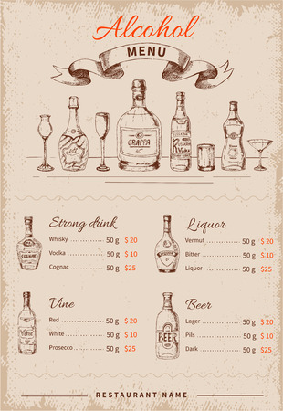 Alcoholic drinks hand drawn menu with calligraphic letterings bottles and glasses on beige worn background illustrationのイラスト素材