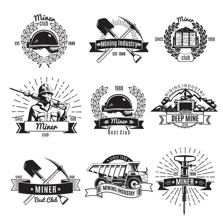 Mining industry vintage black white emblems with worker and equipment ribbons wreaths and rays isolated illustrationのイラスト素材