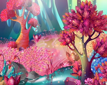 Cartoon abstract wood Game composition in pink colors with trees and rivers illustrationのイラスト素材