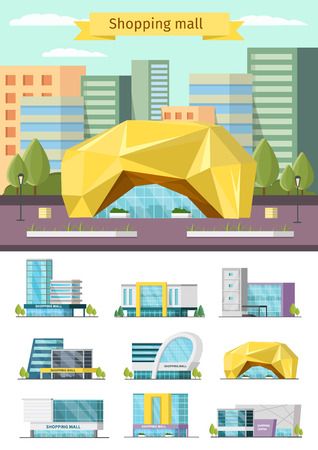 Orthogonal concept with shopping mall and environment design and set of buildings icons isolated illustrationのイラスト素材