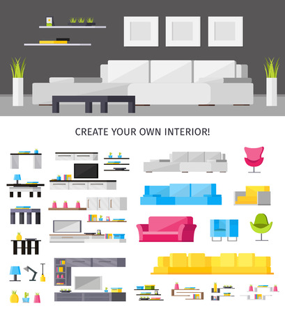 Home interior orthogonal concept with living room and set of furniture lamps and accessories isolated illustrationのイラスト素材