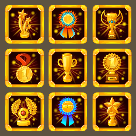Cartoon golden achievement game screen icon set in squares with gold frame illustrationのイラスト素材